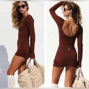 Free People Movement Brown Lets Volley Romper Onesie Long Sleeve Mini Dress FLAW